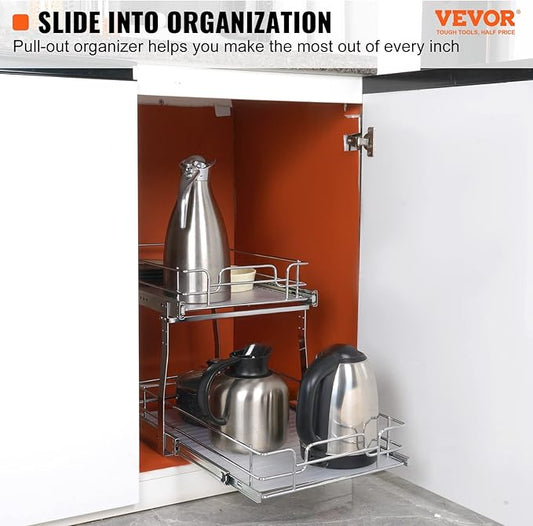 VEVOR 2 Tier 12.7" Wx21 Dx3.1" H Pull Out Cabinet Organizer, Heavy Duty Slide Out Pantry Shelves, Chrome-Plated Steel Roll Out Drawer for Under Sink, 11.8" Wx20.3" Dx3.1"H Install Size for Cabinet