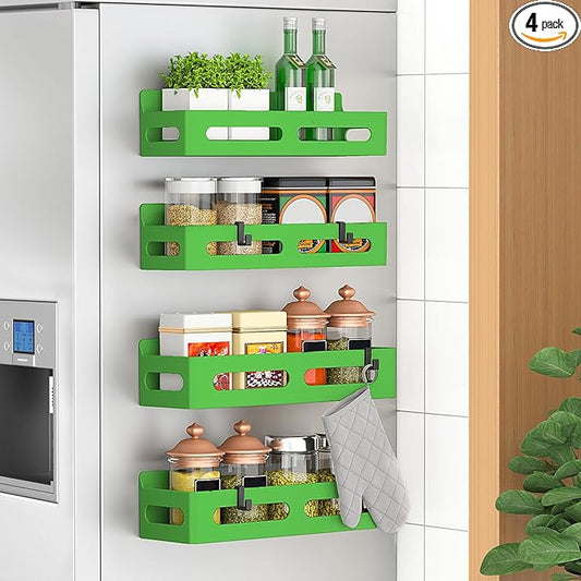 4 Pack Magnetic Spice Rack for Refrigerator, Spice Rack Organizer, Moveable Magnetic Shelf Fridge Organizer with 4 Hooks for Kitchen and Oven Organization, Green