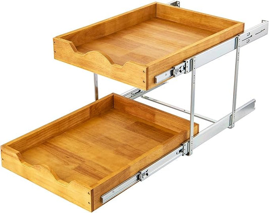 DINDON 2 Tier Pull Out Cabinet Organizer (20" W x 21" D) Wood And Metal Double Tier Slide Out Wood Drawer Under Cabinet Storage Organization