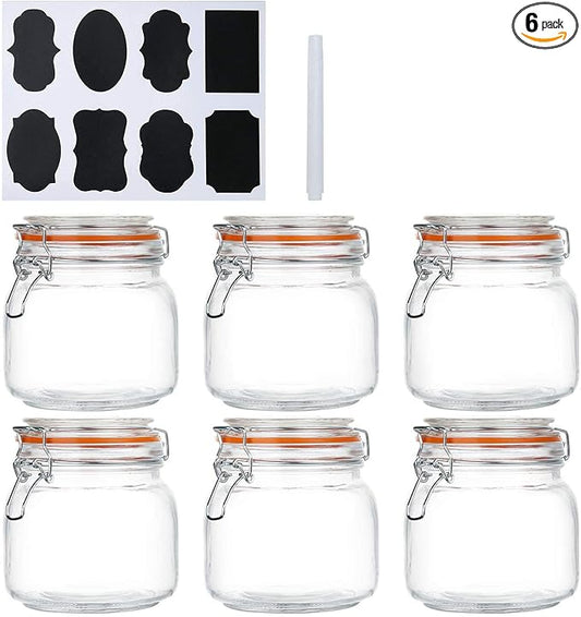 Encheng 25 oz Glass Jars With Airtight Lids And Leak Proof Rubber Gasket,Wide Mouth Mason Jars With Hinged Lids For Kitchen Canisters 750ml, Glass Storage Containers 6 Pack