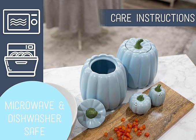 Nat & Jules Pumpkin Shaped 6 x 6 Inch Ceramic Storage Canisters: Perfect for Halloween, Thanksgiving and Indoor Fall Table Décor & Centerpieces - Set of 3, Powder Blue
