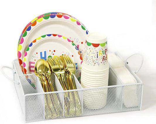 Paper Plate Organizer for Countertop: Dispenser Napkin Holder Utensil Caddy for Party Silverware, Cup, Napkins, Forks, Knives, Spoons (White)