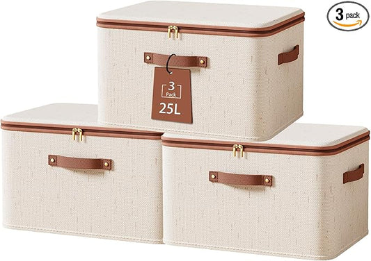 Tuza 3 Pcs Rigid Storage Bins with Zipper Lid, Cotton Linen Fabric Storage Boxes, Foldable Shelves Clothes Storage Cubes with Handles for Wardrobe, Closet(Beige, 25L)