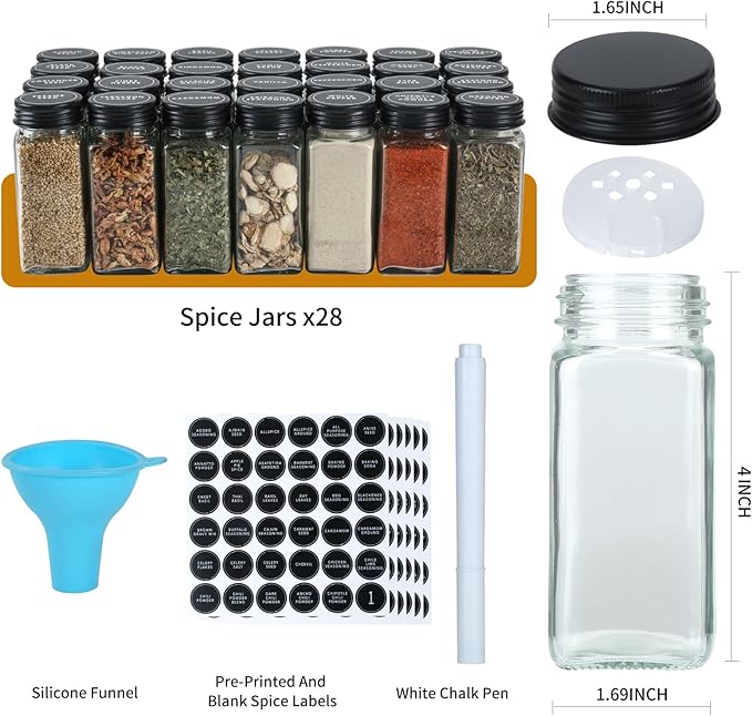 Spice Rack Organizer with 28 Spice Jars, Black Lids，Spice Labels, Chalk Marker and Funnel Set for Cabinet, Countertop, Pantry, Cupboard or Wall Mount