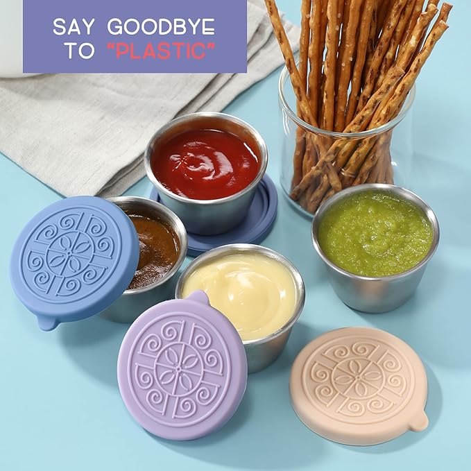[6 Pack] Salad Dressing To Go Containers, 1.6 oz Small Stainless Steel Sauce Cups With Leakproof Silicone Lids, For Lunch Boxes, Picnics and Travel