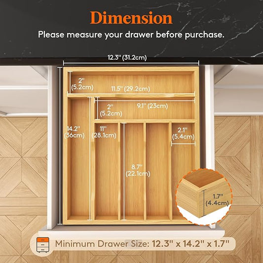 Lifewit Silverware Drawer Organizer Tray, Bamboo Cutlery Storage for Kitchen Drawer, 7 Compartment Flatware and Utensil Holder Divider for Spoons Forks Knives Tableware, Natural