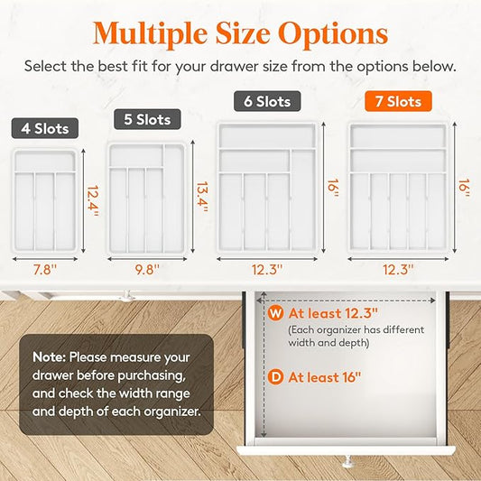 Lifewit Silverware Tray, Deep Wide Cutlery Drawer Organizer Storage for Kitchen, Plastic Flatware Utensil Holder Divider for Spoons Forks Knives Tableware, 7 Compartment, White