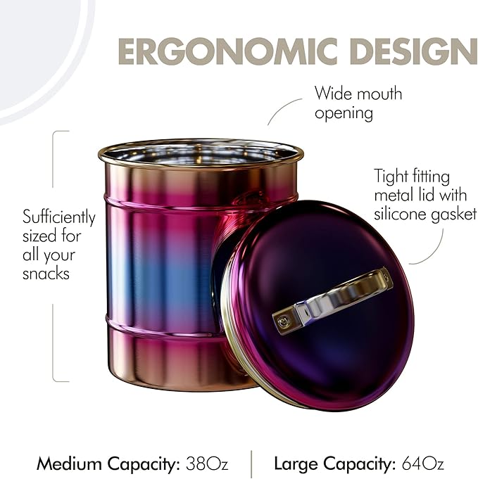 Amici Home Rainbow Metal Storage Canister | Set of 2 | Airtight Lid | 38 & 64 Ounce Capacity | Modern Home Décor | Decorative Metal Canisters for Kitchen Countertop