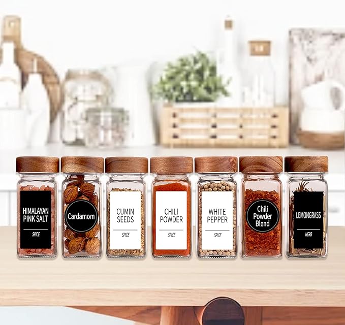 Churboro 48 Spice Jars with 547 Labels and Shaker Lids - Glass - 4 Oz Square Containers with Acacia Wood Lids, Chalk Pen, Funnel Seasoning Jars for Spice Rack, Cabinet, or Drawer