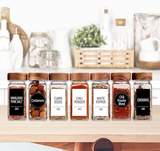 Churboro 36 Glass Spice Jars with 547 Labels with Shaker Lids - 4 Oz Square Spice Containers with Acacia Wood Lids, Chalk Pen, Funnel Seasoning Jars for Spice Rack, Cabinet, or Drawer