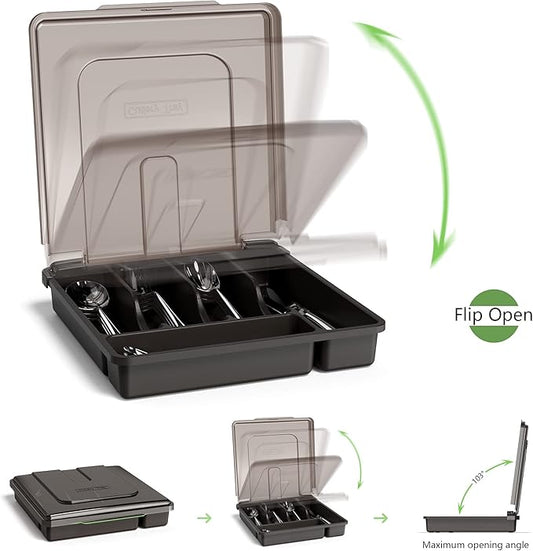 Utensil Holder for Countertop with Lid, Plastic Silverware Tray for Drawer, 5 Compartments Flatware Organizer, Black