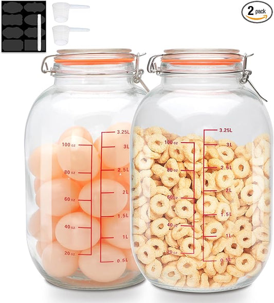 Encheng 1-Gallon Round Glass Storage Jars with Hinged Lids,Extra Wide Mouth Glass Canning Jars with Scoop and Measurement Marks,Large Glass Containers for Fermenting,Pasta,Pickles,Sun Tea