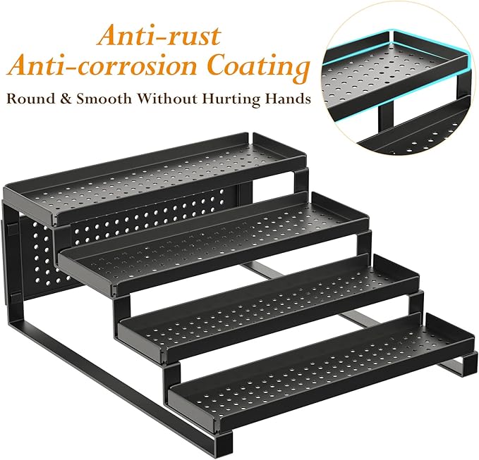 4-Tier Spice Rack Organizer Spice Shelf, Sturdy Seasoning Organizer Spice Storage Metal Riser Shelf, Pantry Kitchen Spice Holder Stand Step Rack Easy See all Canned Spice Jars, Black