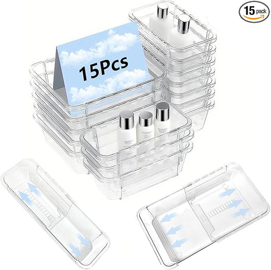 15 Pcs Clear Extendable Drawer Organizer,Adjustable Vanity Storage Box, 2-Size Desk Drawer Organizer, Acrylic Storage Bin for Makeup, Cosmetic,Desk Organizer Gadgets for Bathroom Bedroom Kitchen