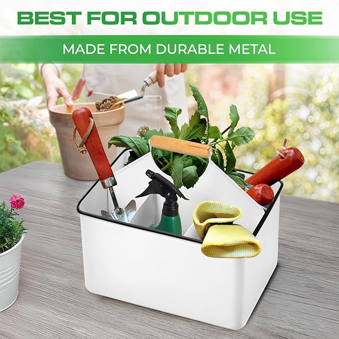 Plexon White Metal Caddy, Table Utensil Caddy with Handle Galvanized Steel Utensil Holder for Party Metal Flatware Caddy Large Silverware Organizer Countertop for Kitchen Garden Patio Bathroom