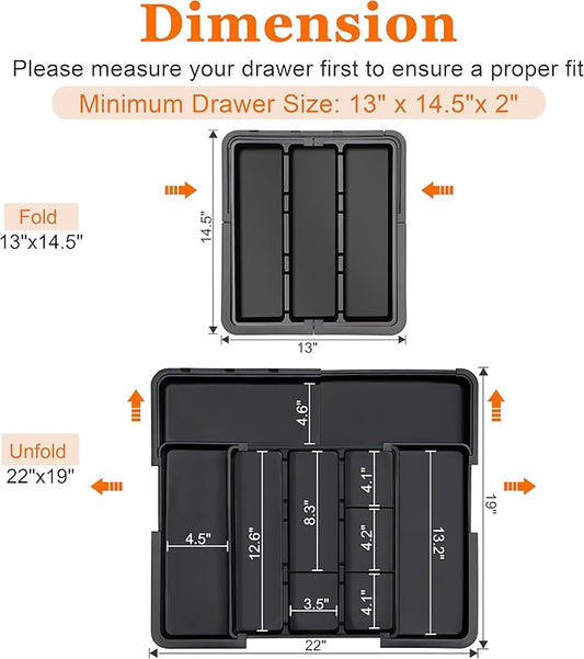 Large Utensil Drawer Organizer Expandable Silverware Organizer for Kitchen Drawer Adjustable Cooking Utensil Holder Cutlery Flatware Tray Spatula Tools Gadgets Storage Dividers Plastic Black