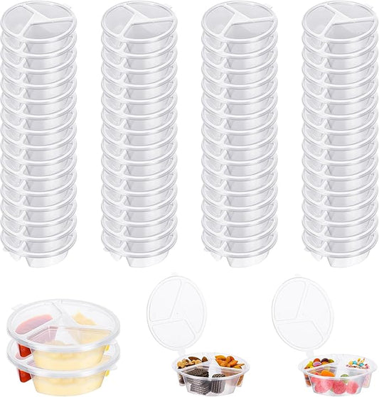 60PCS 3 Compartment Snack Container with Lids, 5 oz Disposable Plastic Mini Sauce Cups, Compartment Snack Box, Grab and Go Snack Containers Reusable for Salsa (60, 3 Compartment)