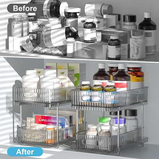 Fowooyeen Bathroom Cabinet Organizer, 2 Tier Pull Out Under Sink Organizers and Storage, Multi-Purpose Kitchen Pantry Medicine Organization and Storage Shelves Bins with Movable Dividers Grey