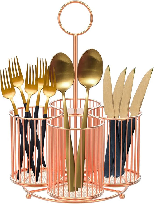 360° Rotating Utensil Caddy 4 Compartment Metal Utensil Organizer with Handle 6.3×6.3×11 Inch Kitchen Utensil Caddy Multifunctional Cutlery Storage Holder Portable Flatware Organizer for Home Party US