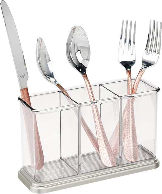 mDesign Plastic Cutlery Utensil Holder Storage Organizer Caddy for Kitchen Countertop Organization - Holds Fork, Knife, Spoon, Silverware - 3 Divided Sections - Hyde Collection - Clear/Brushed