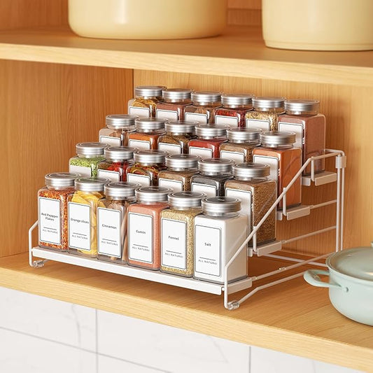 Tiered Spice Rack, 4 Tier Spice Shelf Organizer for Cabinet, Spice Rack Organizer, Depth Adjustable Seasoning Rack Organizer for Cabinet, Countertop, Pantry, Metal, White (1 Pack)
