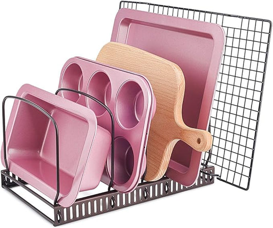 Toplife 10+ Bakeware Organizer Rack for Kitchen Bakeware, Cookware, Dinnerware, Cutting Boards, Plates, Pot and Pan Lids (Brown)
