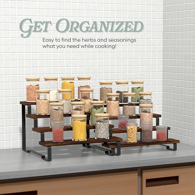 4 Tier Expandable Spice Rack Organizer (13.8” to 26”) Display Riser Stand, Kitchen Cabinet Countertop Pantry Coffee Bar Display Shelf for Spice, Liquor, Figure (2Pack-4Tier-Rustic Brown)
