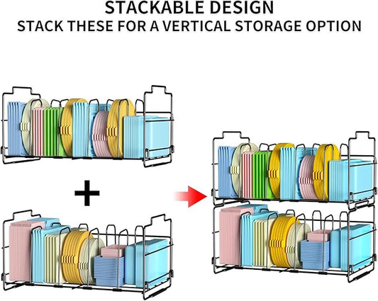 Set of 2 Stackable Food Container Lid Organizer, Adjustable Metal Lid Storage Shelf for Kitchen, 4 Dividers Detachable Lid Organiser Rack for Cabinets, Cupboards, Pantry Shelves, Drawers, Black