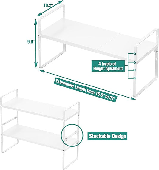 Expandable Cabinet Shelf Organizer Rack, Stackable Kitchen Counter Storage Shelves Stand, Adjustable Height Pantry Shelf Spice Rack, Heavy Duty Nonslip White Large 2Pack