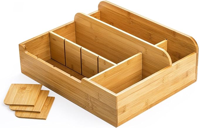 Frcctre Bamboo Utensil Caddy Organizer for Countertop, 8 Compartment Paper Plate Holder, Adjustable Utensil Holder Cutlery Organizer Box for Plate, Cup, Fork, Spoon, Napkin