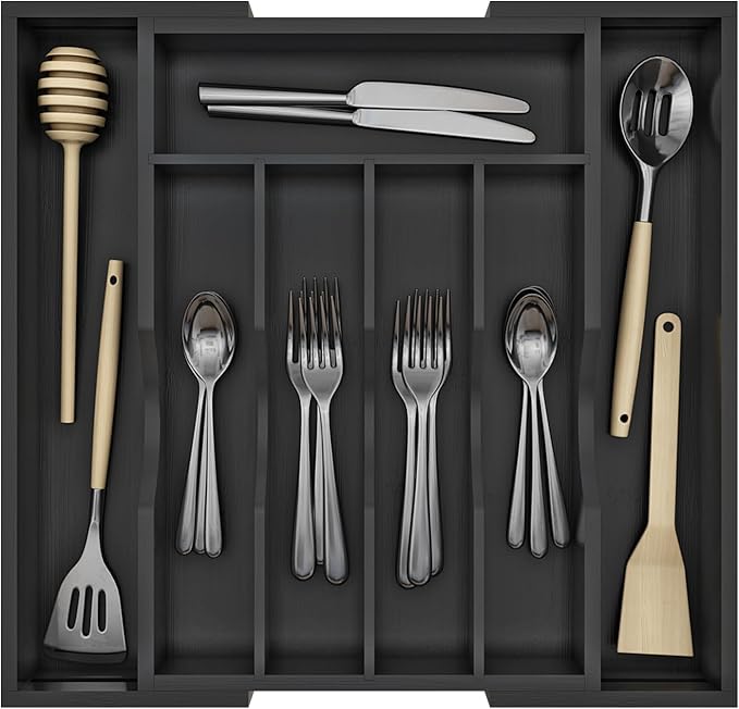 BAMBUROBA Bamboo Kitchen Drawer Organizer,Expandable Silverware Organizer,Utensil Holder and Cutlery Tray with 7 Slots,Gadgets Storage Divider,Black