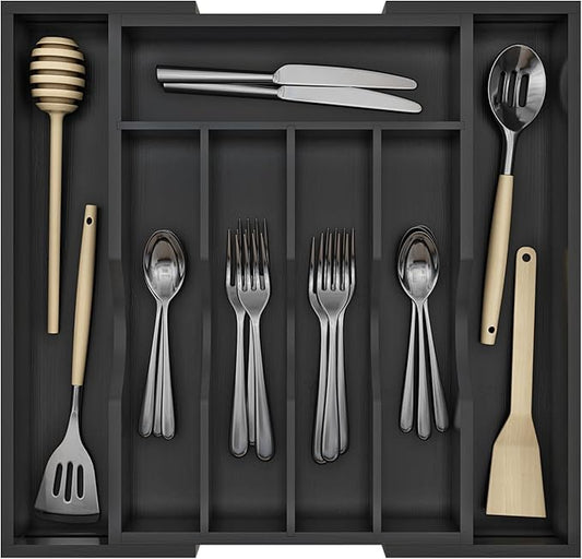 BAMBUROBA Bamboo Kitchen Drawer Organizer,Expandable Silverware Organizer,Utensil Holder and Cutlery Tray with 7 Slots,Gadgets Storage Divider,Black