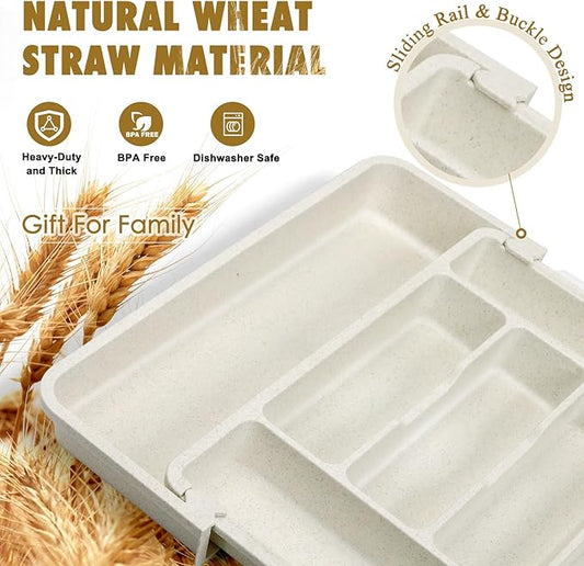 FANCILLA Silverware Organizer for Kitchen Drawers, Wheat Straw Large Expandable Utensil Drawer Organizer, BPA Free Adjustable Cutlery Holder, Dishwasher Safe Flatware Tray, 6-8 Slots (White)