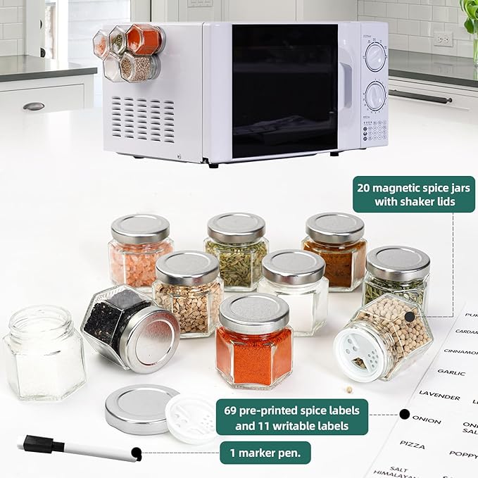 Set of 20 Magnetic Spice Jars for Refrigerator, Glass Small Hexagon Magnet Seasoning Containers with Labels, shaker Lids, Fridge Magnetic Spice Rack Organizer with Jars