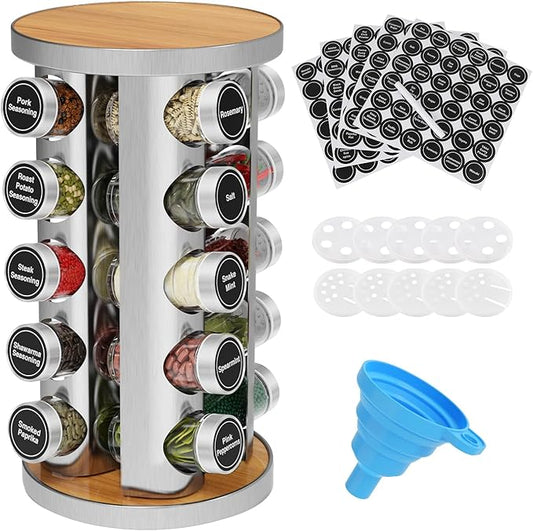 Rotating Spice Rack Organizer, Spice Tower for Countertop, Revolving Spice Rack Set for Cabinet, Silver Steel Kitchen Seasoning Organizer with 20 Jars and Funnel
