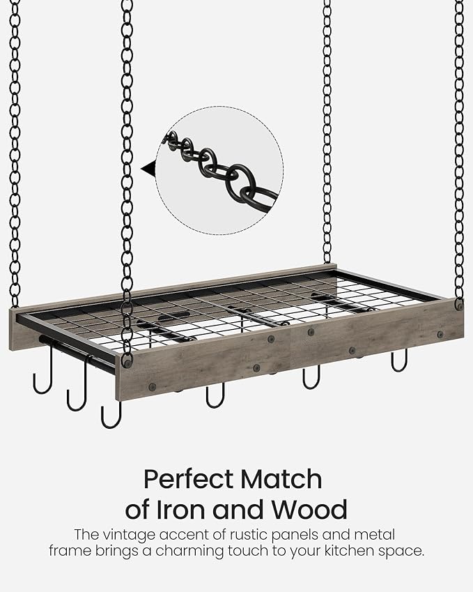 Hanging Pot Rack, Vintage Pot Hangers for Kitchen, Ceiling Mounted Pot Rack, Pot and Pan Hanging Rack with 12 S-Shaped Hooks, for Cookware Storage, Greige and Black TPR01BG