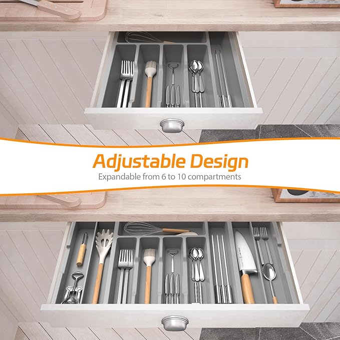 iDavosic.ly Silverware Drawer Organizer, Expandable Utensil Tray for Kitchen, Large Adjustable Plastic Cutlery Flatware Holder for Knife Fork Spoon with 8-10 Compartments, Gray
