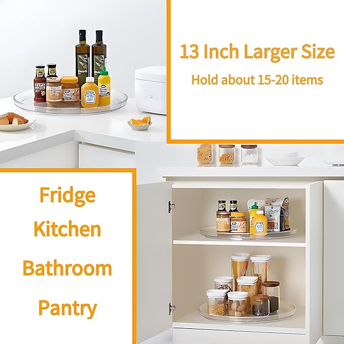 vacane 2-Pack 13Inch Lazy Susan Cabinet Organizer, Plastic Rotating Organizer Spice Rack Condiment Organizer for Pantry, Countertop, Cupboard, Refrigerator-Clear