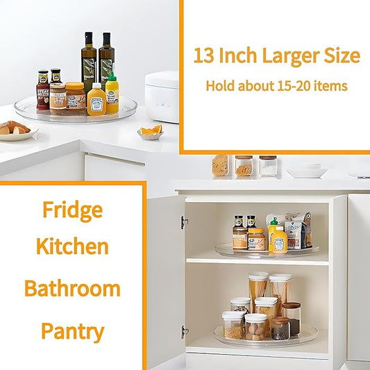 vacane 2-Pack 13Inch Lazy Susan Cabinet Organizer, Plastic Rotating Organizer Spice Rack Condiment Organizer for Pantry, Countertop, Cupboard, Refrigerator-Clear