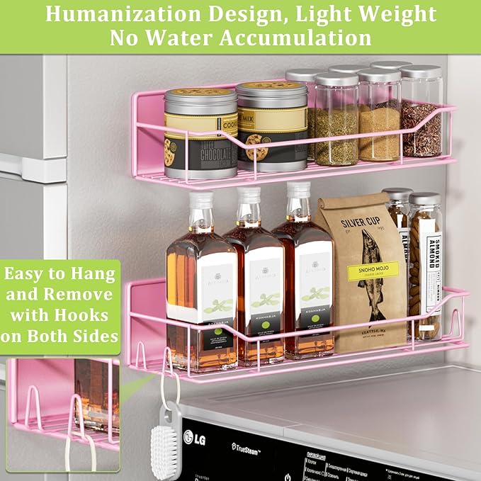 Magnetic Spice Rack for Refrigerator, 9 Pack Magnetic Fridge Shelves W/Adjustable Paper Towel Holder, Hook Rack, Moveable Spice Organizer Shelf for Kitchen Organization and Storage (Pink)