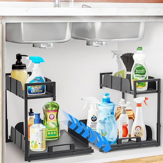 Under Kitchen Sink Organizer, 2 Tier Metal Pull Out Cabinet Organizer with Sliding Drawer, Heavy Duty Bathroom Organizers and Storage Shelf, Storage and organization for Home,Laundry,Office, 2 Pack