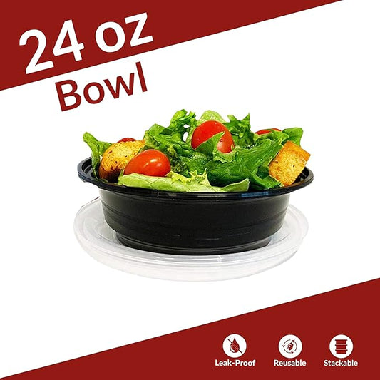 Reli. Meal Prep Container Bowls, 24 oz. | 50 Pack | Round Meal Prep Containers with Lids | Reusable 24 oz Bowls with Lids | Microwavable, Black Food Storage Boxes | Black