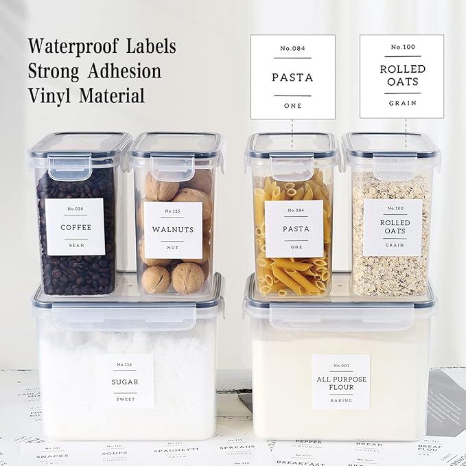 6 Pcs Airtight Flour and Sugar Containers with 132 Kitchen Pantry Labels Preprinted - Stackable Plastic Cereal Storage Canisters with Lids
