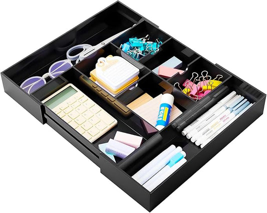 1 Pc Acrylic Desk Drawer Organizer Maximum Expandable Drawer Organizer Trays with 8 Adjustable Compartments Desk Accessories for Makeup Silverware Office Bathroom(Black,Classic)