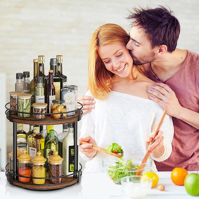 Snughome Rotating Spice Rack, 2 Tier Lazy Susan Organizer, Wood Kitchen Countertop Organizer, Brown Lazy Susan Turntable for Cabinet, 10.2" x 10.2" x 10.4"