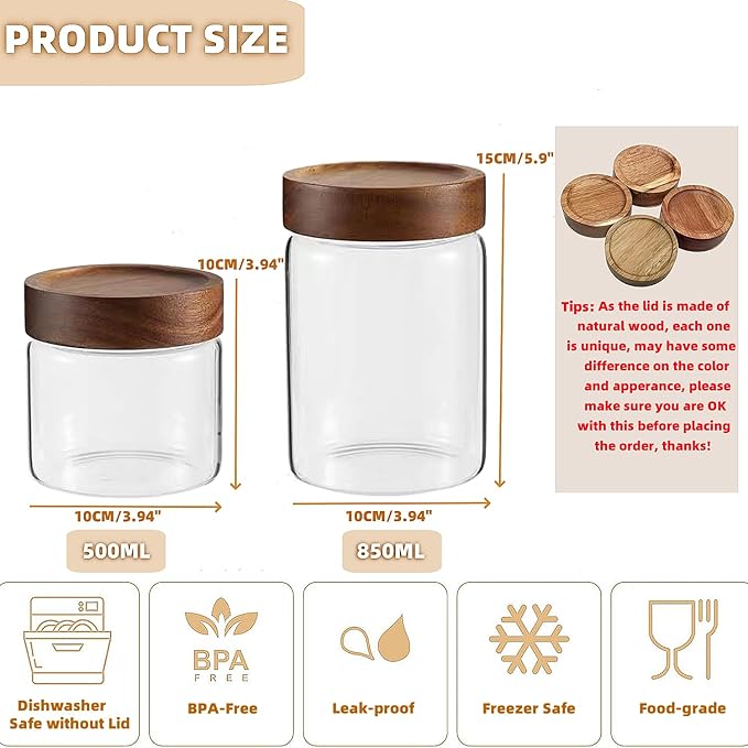 17 Fl oz/500 ml Glass Food Storage Jar, Small Clear Glass Container Jar with Airtight Wooden Screw Lid, Kitchen Canisters for Coffee,Tea,Pasta,Cookies, Nuts,Spice,Candy,Overnight Oatmeal