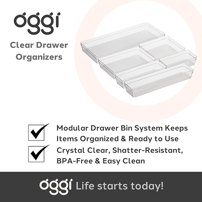 Oggi Drawer Organizer - 6" X 9" - Ideal for Organizing Kitchen Drawers, Office, Desk, Silverware, Kitchen Utensils, Cosmetics and Bathrooms, Rectangular, Clear, 1.0 Count
