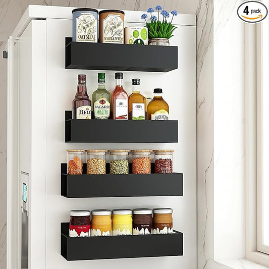 4 Pack Moveable Fridge Magnetic Spice Racks Metal Magnetic shelf for refrigerator Kitchen Spice Hang Storage Shelf (Black)