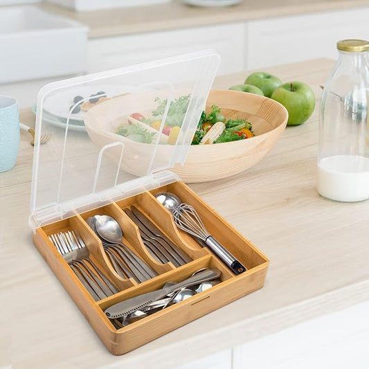 Bamboo Silverware Organizer,Wooden Silverware Tray for Drawer, Utensil Drawer Organizer in Kitchen for Spoons Forks Knives, Multipurpose Use, Eco-Friendly, Large