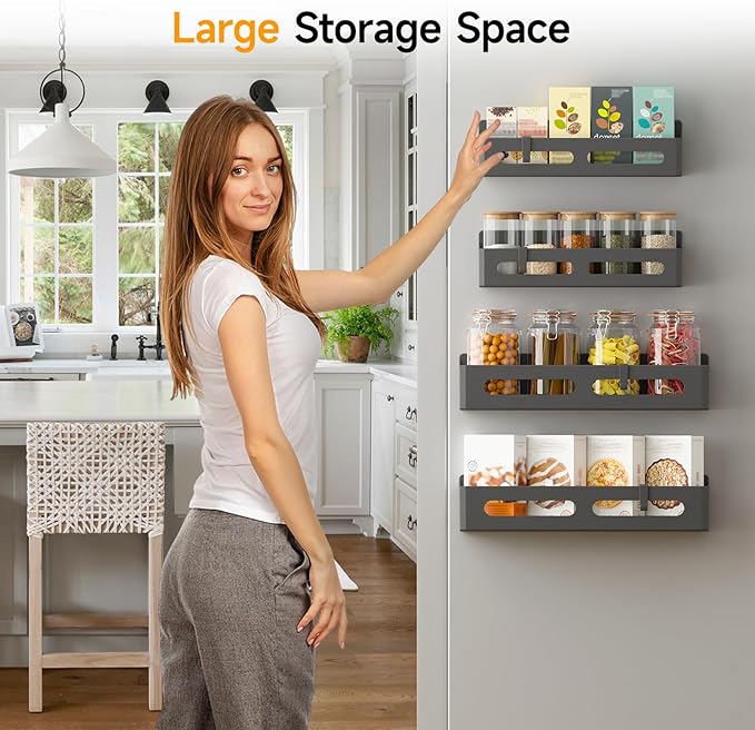 2 Pack Magnetic Spice Rack for Refrigerator, Spice Rack Organizer, Moveable Magnetic Shelf Fridge Organizer with 4 Hooks for Kitchen and Oven Organization, Black